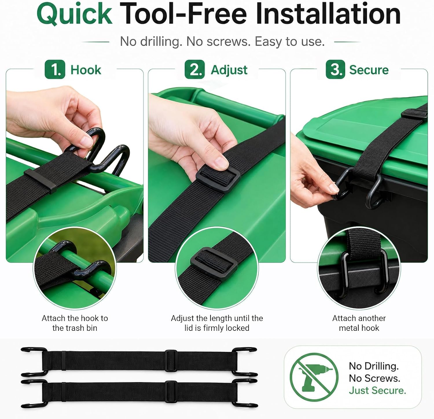 2 Pack Heavy Duty Trash Can Lock Strap, Non-Slip Double Claw Garbage Can Locks, Adjustable Animal-Resistant Windproof Straps for 28-96 Gallon Outdoor Bins