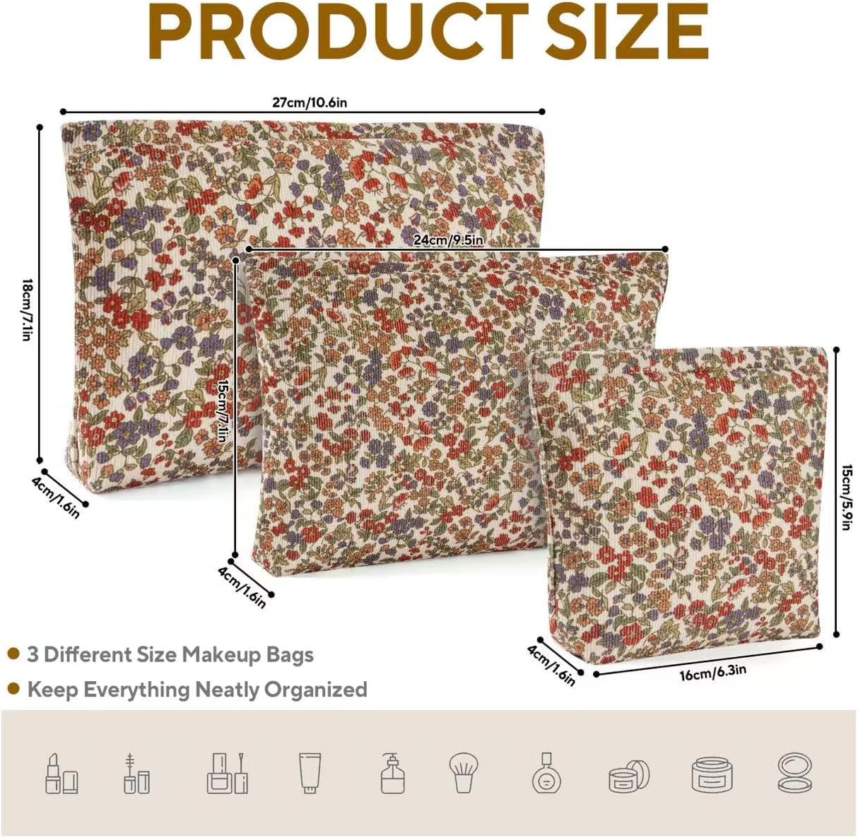 3Pcs Floral Makeup Bags, Cosmetic Bags for Women, Large Capacity Corduroy Makeup bag Set and Portable Mini Makeup Bag,Aesthetic Women Handbags Purses, Travel Essentials Aesthetic Stuff (Floral 01) - Image 2