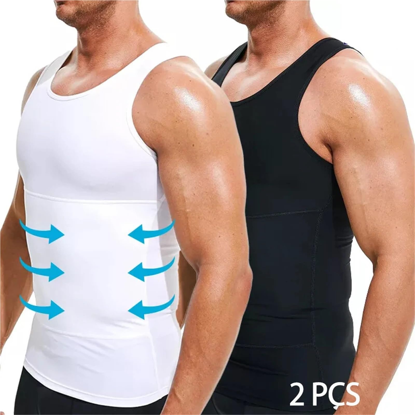Body Shaper Weste für Männer 2-teiliges Schlankheitsshirt for Herren, hohe Kompression, Bauchkontrolle, Rundhalsausschnitt, Body Shaper Top Für Fitness geeignet(2PCS White,M)