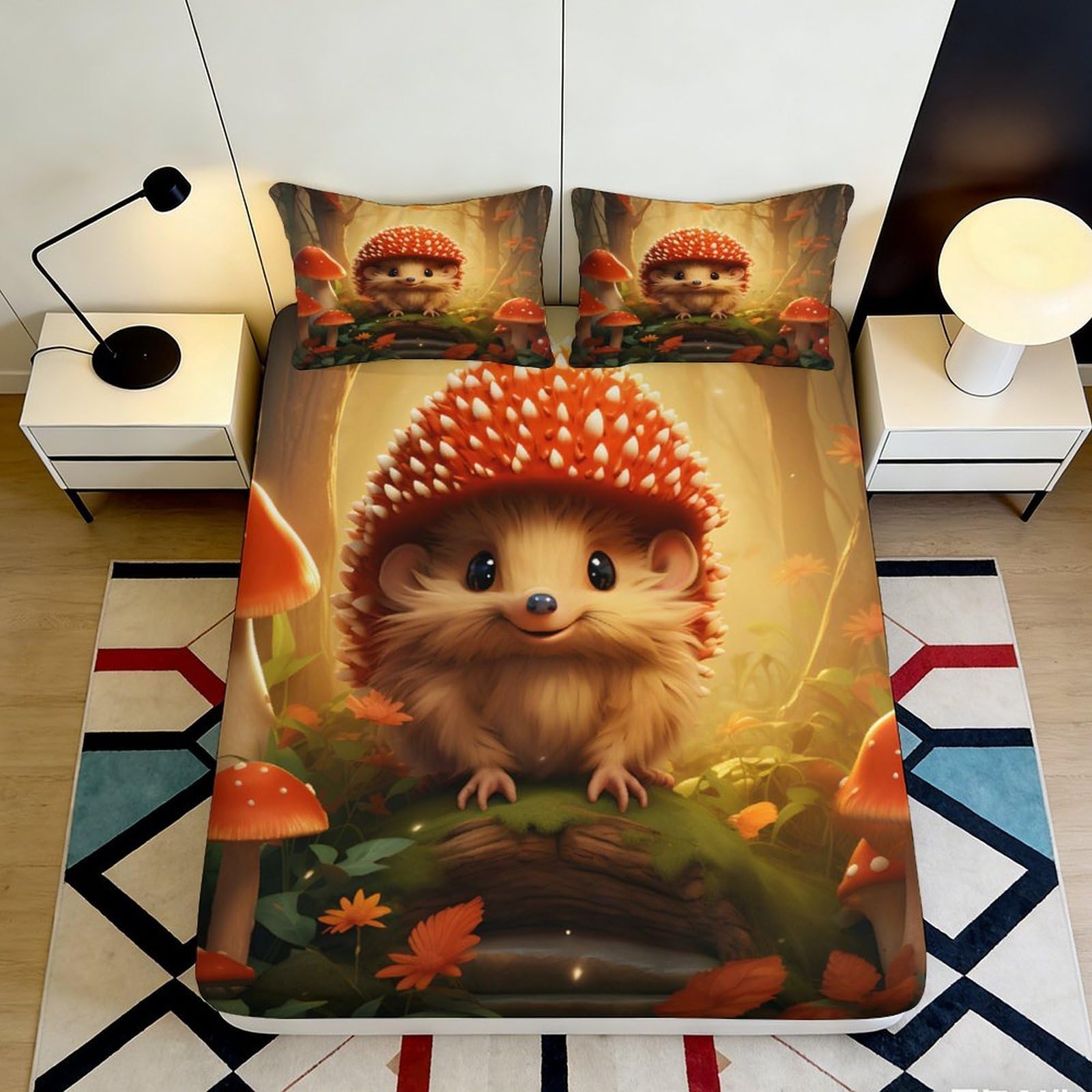 3D Printed Forest Hedgehog Fitted Sheet Microfiber Elastic Hem for Adults Forest Hedgehog Mattress Fitted Cover Washable 90x200x25cm