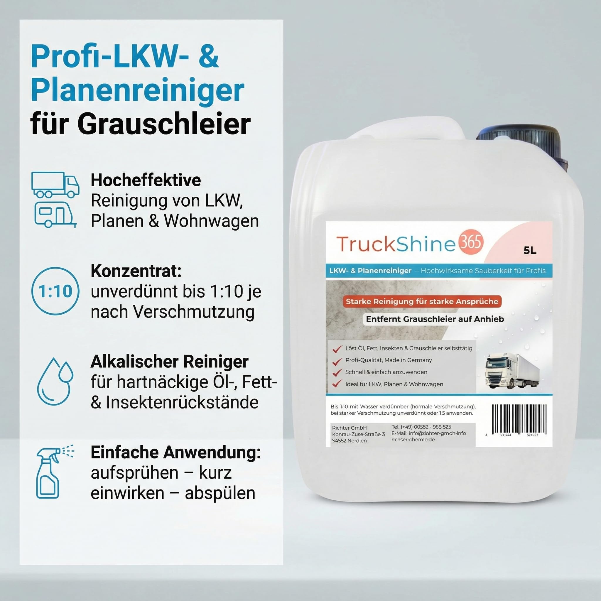 TruckShine365 LKW Reiniger & Planenreiniger Konzentrat, 5L Kanister | Alkalischer LKW Außenreiniger, Gegen Grauschleier, Öl, Fett & Insekten, Verdünnbar bis 1:10, Profi-Qualität