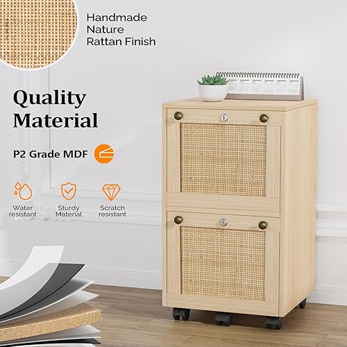 Miniatura 5 de VINGLI Archivador pequeño de 2 cajones con cerradura, archivador de madera para colgar archivos de tamaño carta con pestañas, archivador móvil