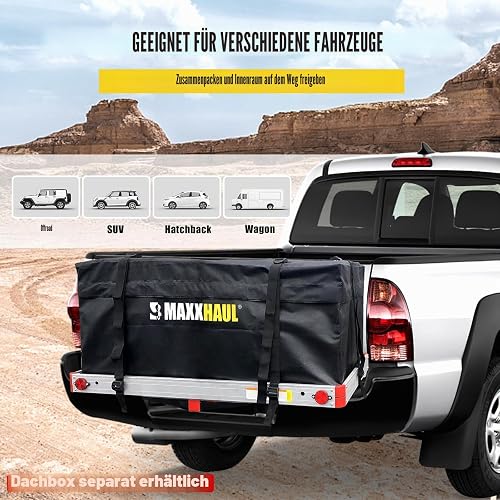 MAXXHAUL 70209 Soft Shell Cargo Carrier Bag for Hitch Mount Cargo Rack - Heavy Duty and Water Resistant 47 inch 20 inch x 20 inch Black with Tie Down Straps - 4