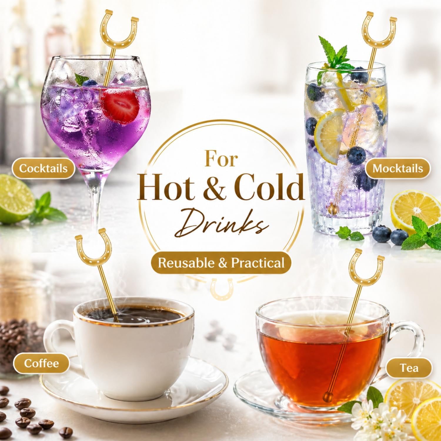 Horseshoe Drink Stirrers 6 Inch Plastic, Gold, 30 Pcs