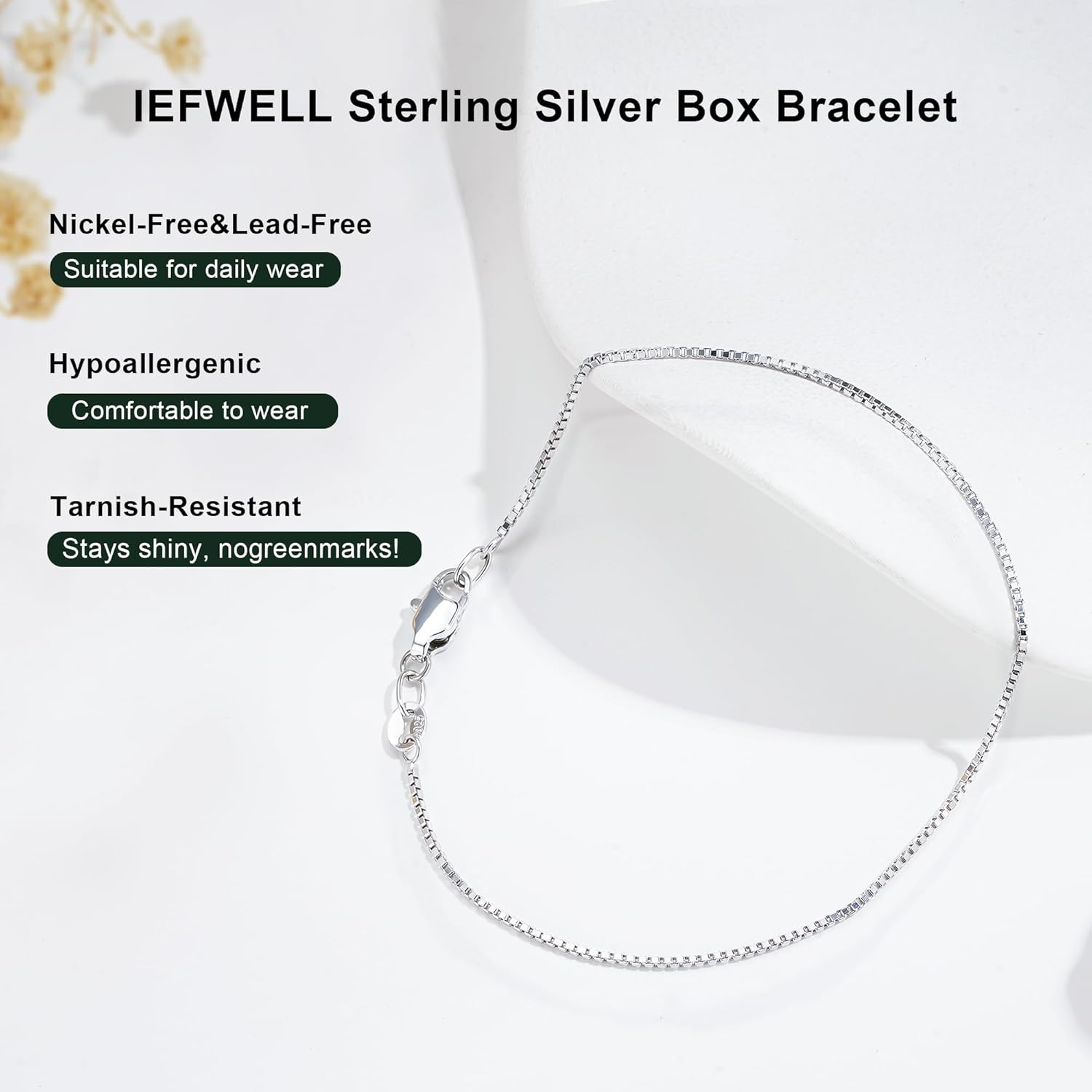 IEFWELL S925 Sterling Silver Box Chain Bracelet for Women - 1.2mm Box Chains Bracelet, Hypoallergenic Sturdy Women's Silver Chain Bracelets, 6.5/7/7.5/8/8.5/9 Inches Jewelry Gifts - Image 3