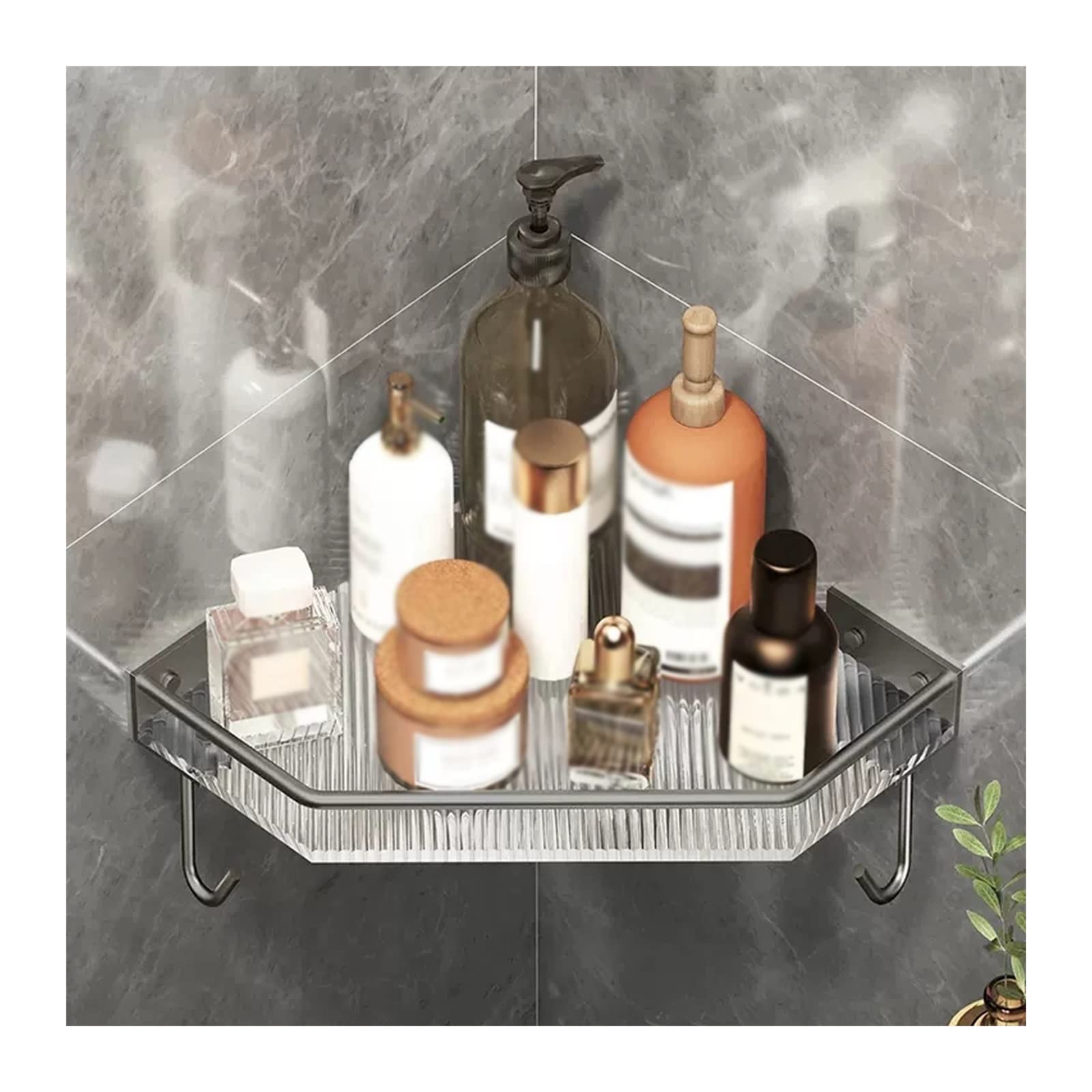 Estanteria Ducha Estante de esquina for baño con 2 ganchos, estante de pared de acrílico for baño, estante de ducha de acero inoxidable con riel, estante for colgar en la pared en la cesta triangular