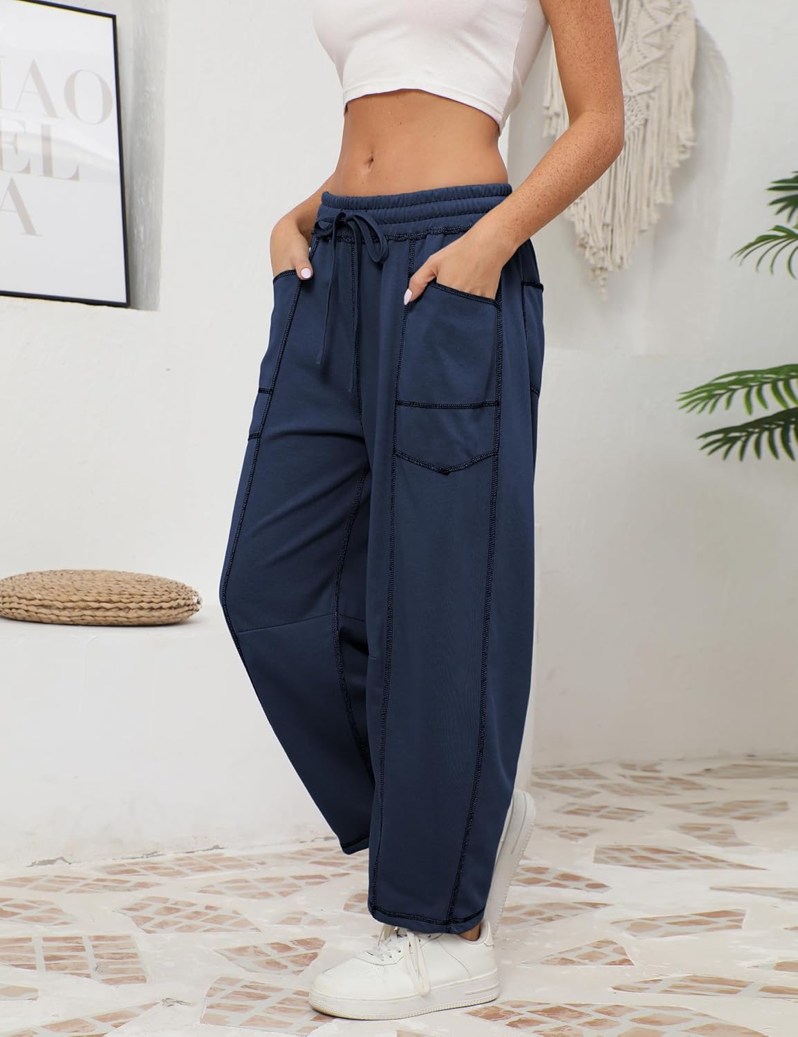 Athlisan Womens Baggy Barrel Pants Wide Leg Lounge Drawstring Sweatpants with Pockets - Image 5