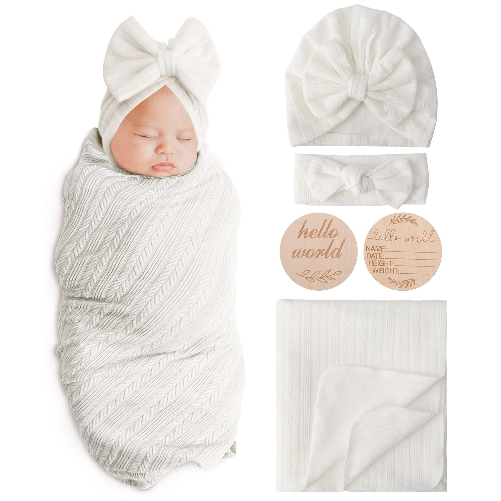 AQOKKA Newborn Receiving Blanket with Bow Hat Headband Wooden Card Set Wheat-Pattern Newborns Toddler Baby Boy Girl Nursery Swaddle Wrap