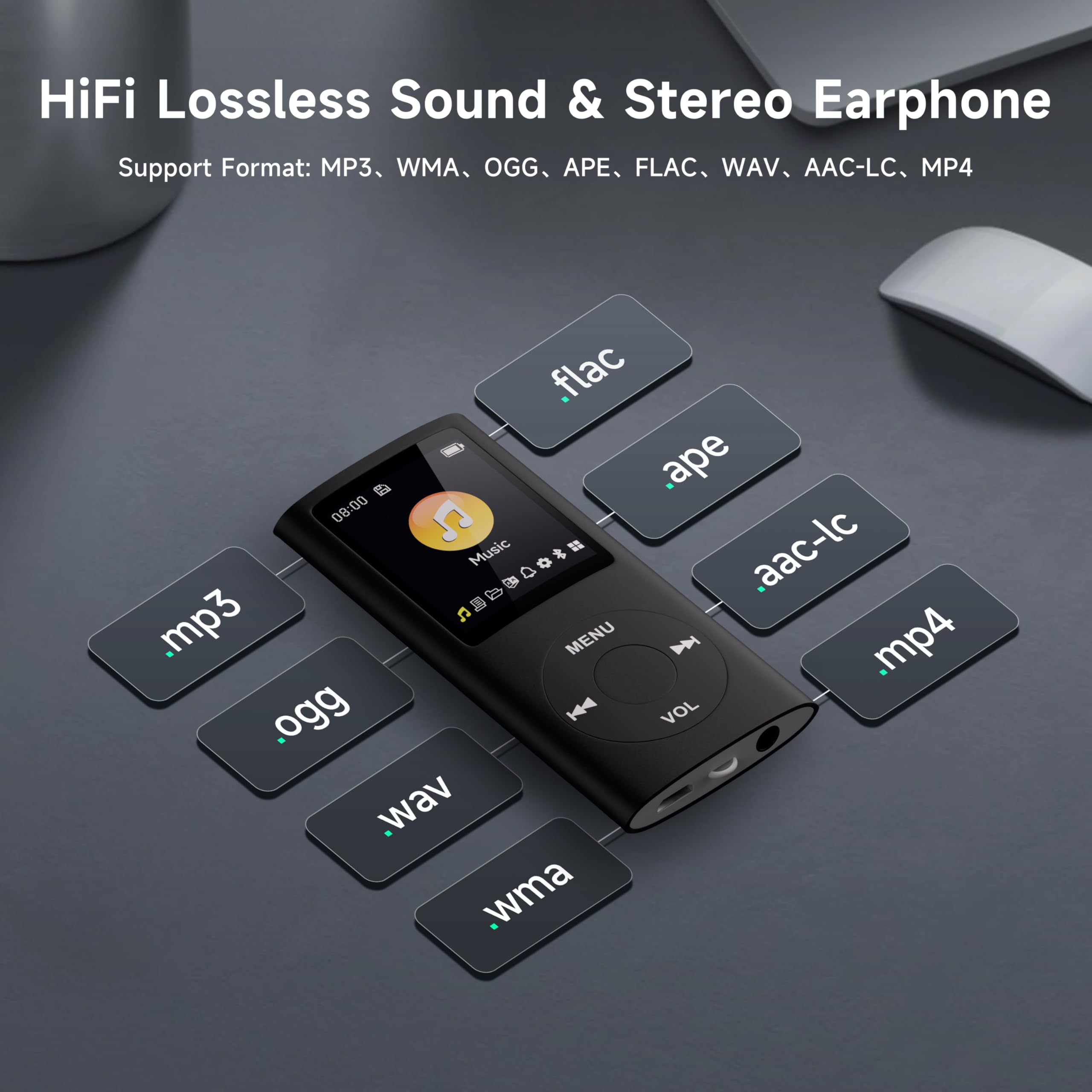 Reproductor de MP3 con Bluetooth 5.2, reproductor de música portátil con tarjeta de memoria de 32 GB, auriculares estéreo, grabadora de voz, vídeo, visor de fotos, libro electrónico para niños, regalo
