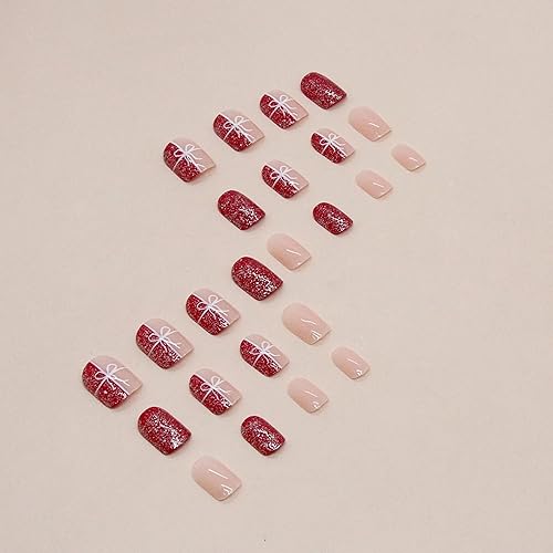 Miniatura 10 de MERVF Uñas postizas cuadradas a presión cortas, punta francesa azul, uñas cuadradas con pegamento con diseño de abejas, uñas acrílicas, lindas uñas