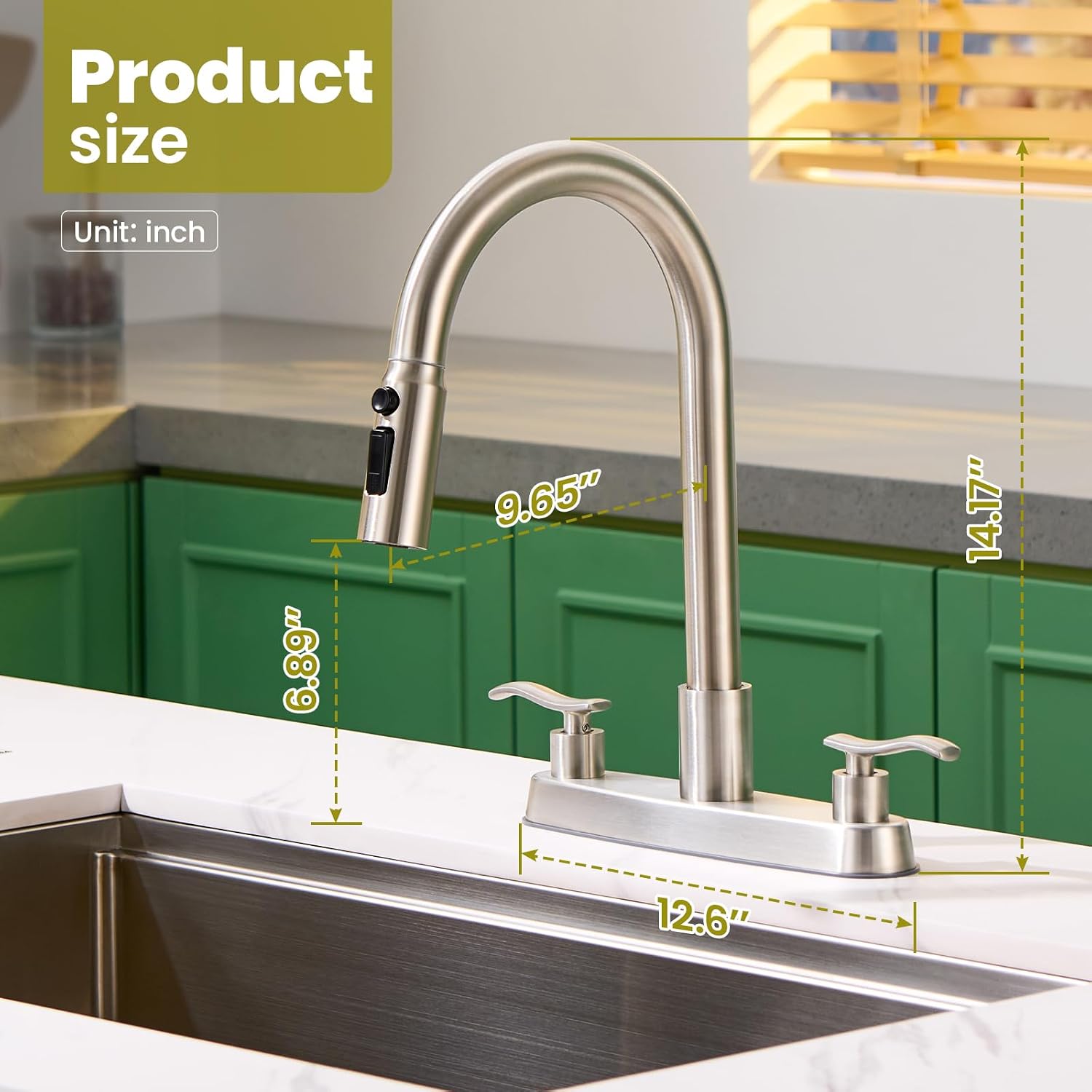Kitchen Faucet with Pull Down Sprayer for 3-Hole Sink, Brushed Nickel 8-Inch Centerset 2-Handle Kitchen Sink Faucet