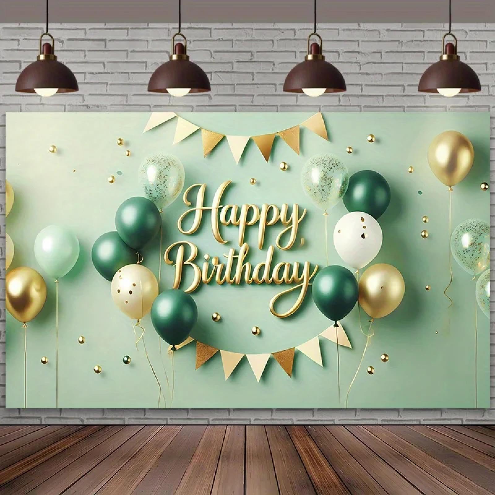 Eleganter grün-Goldener Geburtstagsparty-Hintergrund mit 2D-Flagge, mit Luftballons und Bannern 350x230cm