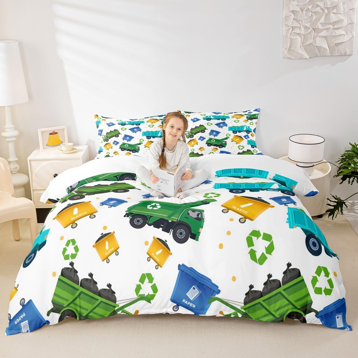 Feelyou Cartoon Garbage Truck Duvet Cover Green Trash Truck Bedding Set for Kids Boys Girls Teens Green Vehicle Car Comforter Cover Garbage Truck Toy Print Bed Set 2Pcs Zipper Twin Size (No Comforter)