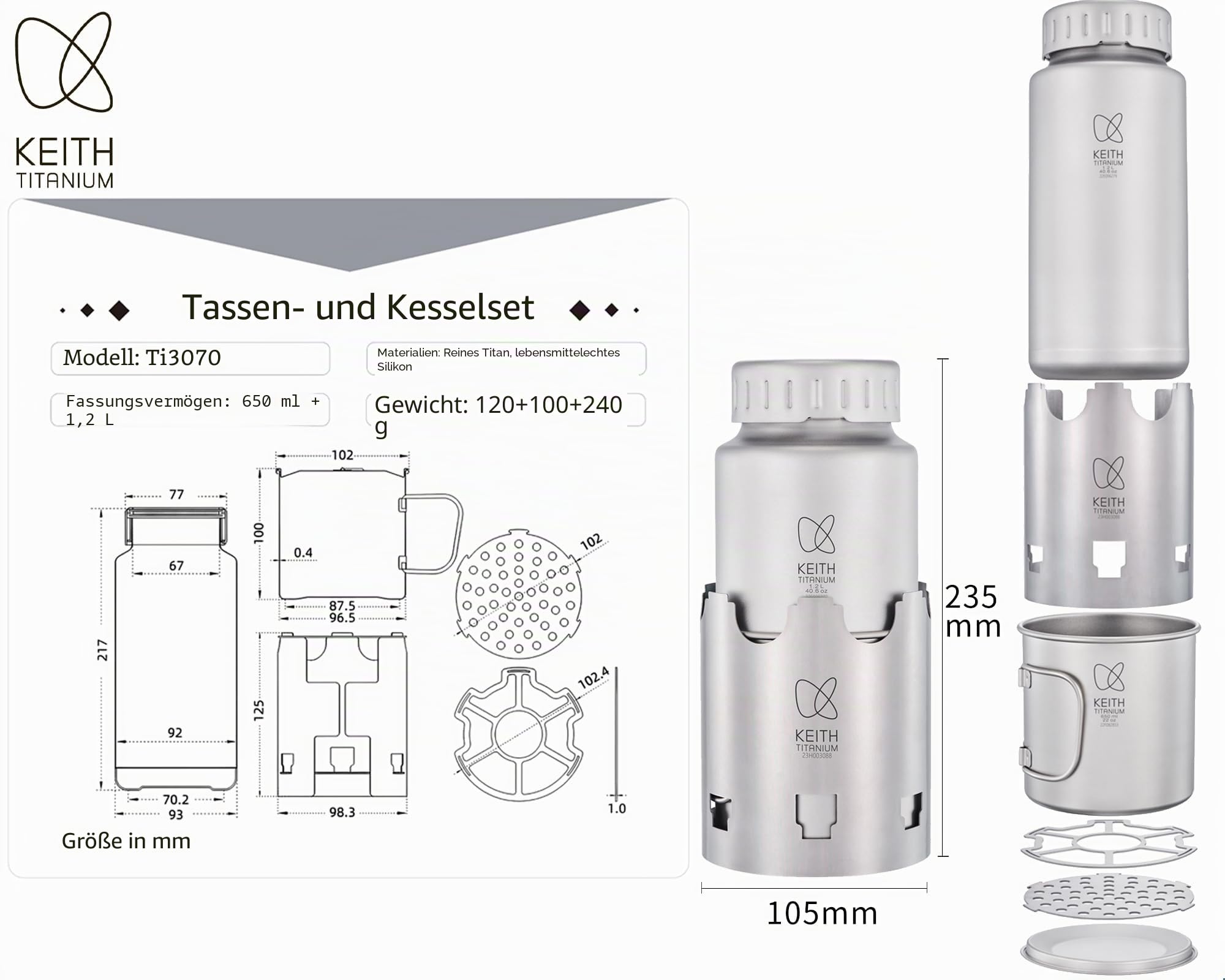 Keith Titanium Ti3070 Nesting Camp Set - Ultraleichte Plastikfreie Titanflasche, Becher & Holzofen mit Canvas-Tragetasche - Langlebig, Tragbar und Umweltfreundlich für Camping, Wandern &
