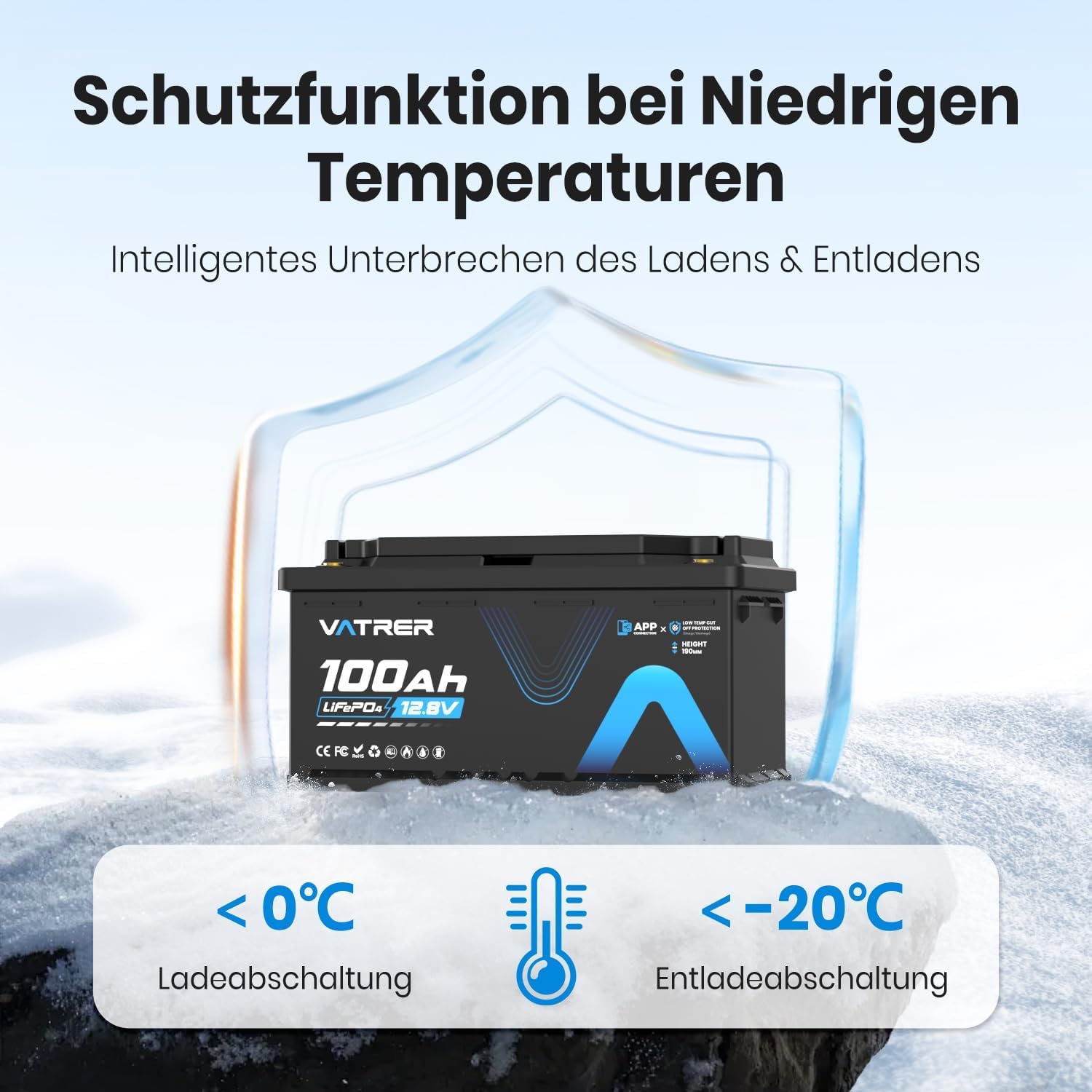 VATRER POWER 12V 100Ah DIN H8 LiFePO4 Untersitz-Batterie mit Bluetooth | 100A Smart BMS · 188mm kompakte Bauhöhe · Niedrigtemperaturschutz · Für Wohnmobil, Caravan & Off-Grid-Solaranlagen