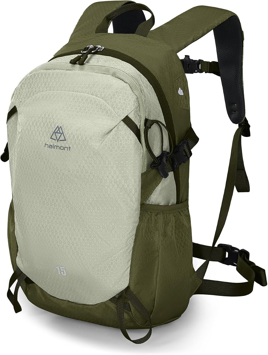 Haimont 15L Lightweight Hiking Daypack, Green | 1.19 lb Carry, Hydration Sleeve, Trekking Pole Loops, Breathable Back Panel, Whistle