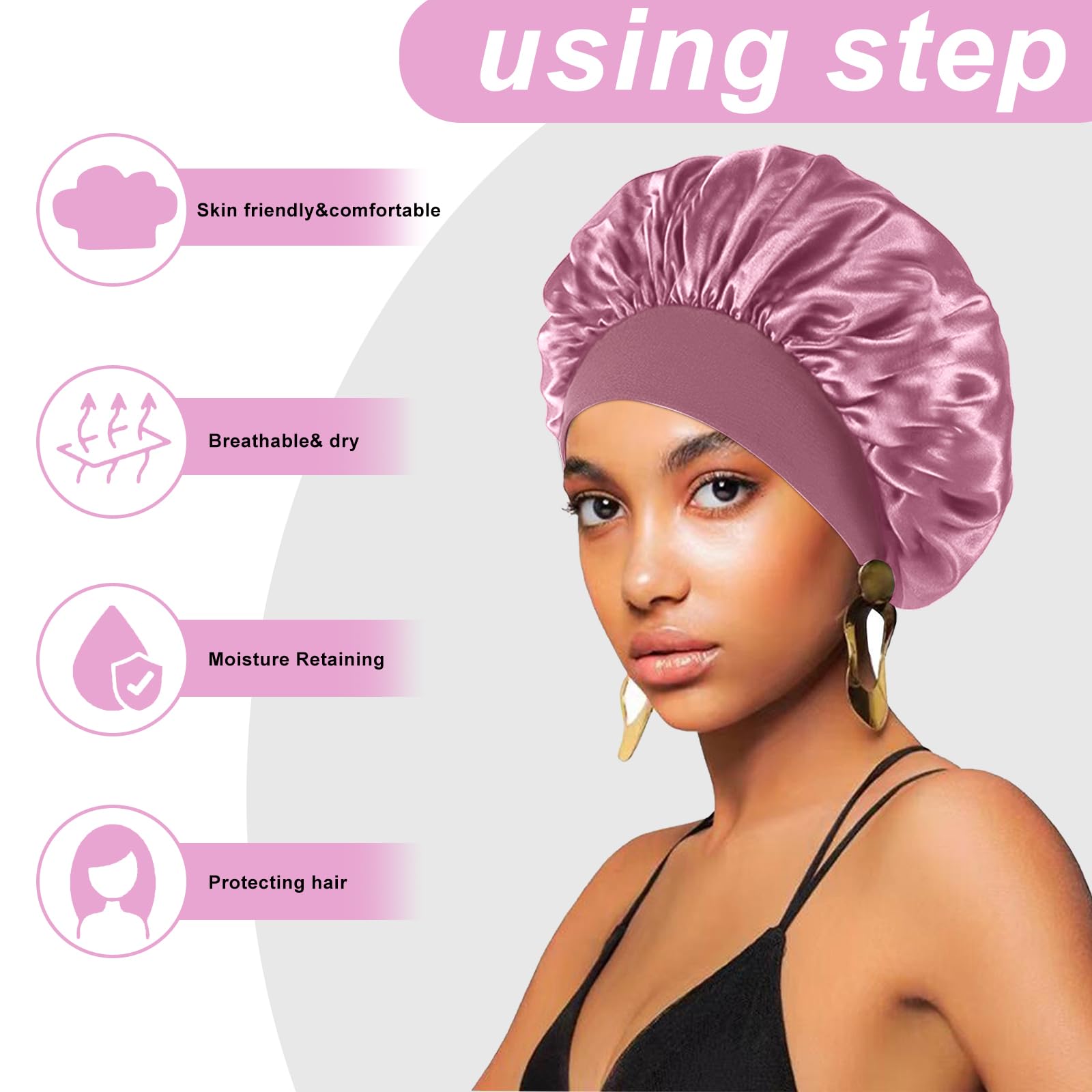 4PCS Silk Bonnet for Sleeping,Hair Wrap Satin Bonnets Shower Cap for Black Women Men Elastic Wide Band Bonnet Cap for Sleeping Curly Hair(Black & Bean Paste Pink & Purple & Brown) - Image 3
