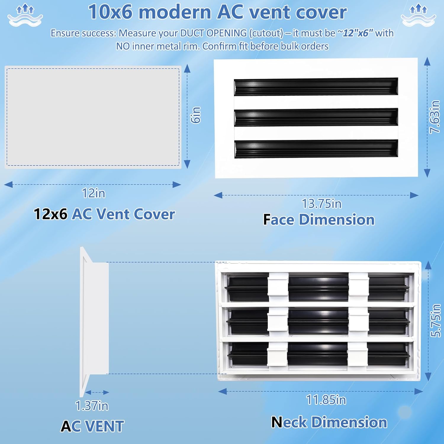 12x6 Modern AC Vent Cover, Standard Three Slot Linear Diffuser, White All Aluminum, Decorative Air Vent for Ceilings, Walls, or Non-Weight-Bearing Floor, Quiet, Adjustable Airflow, 5 Year Warranty