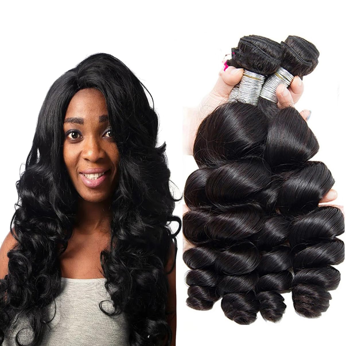 Loose Wave Bundles Human Hair 3 Bundles Unprocessed Remy Hair Weave with Double Strong Machine Weft 300g/Pack (3pcs x 10inch, Natural Black)
