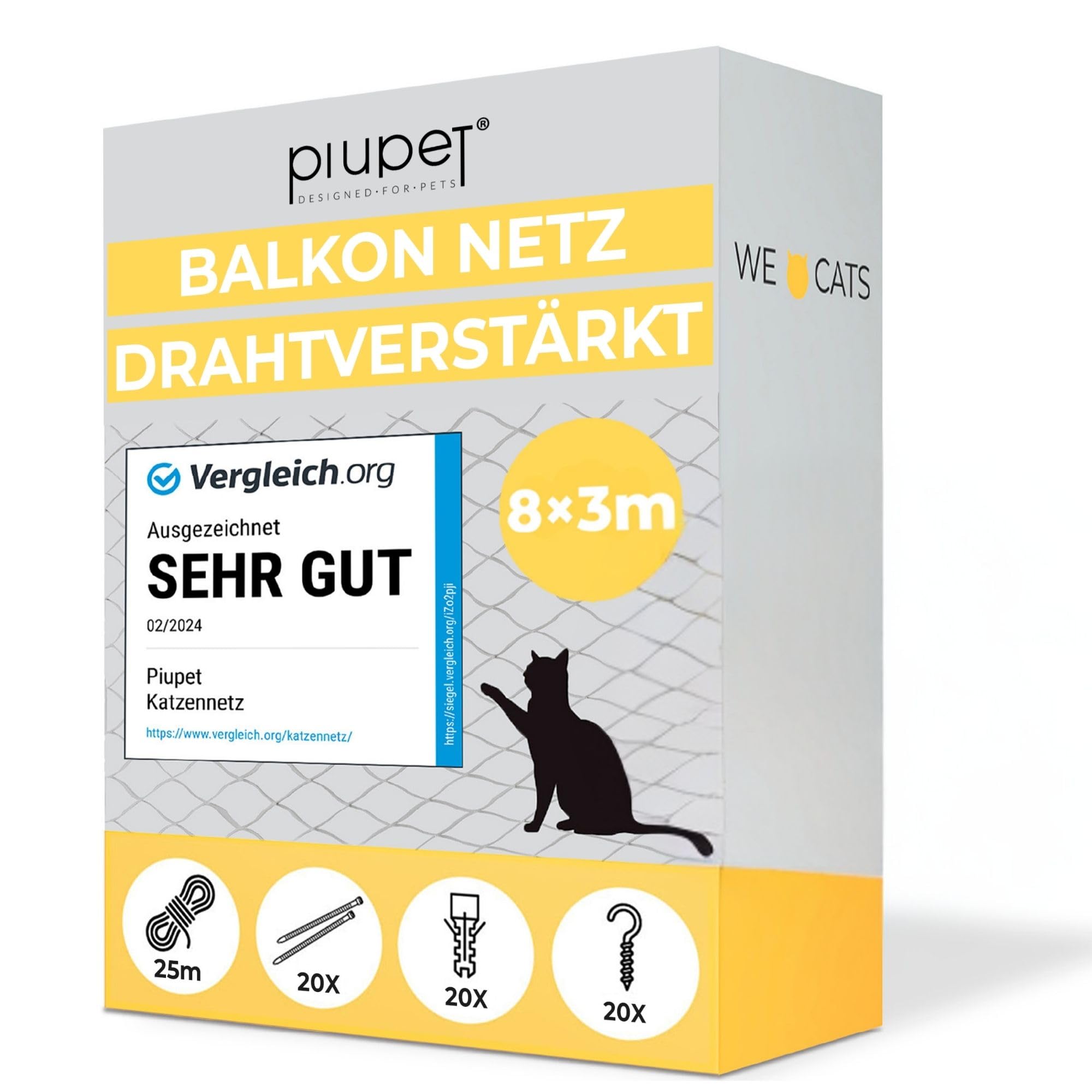 PiuPet® Katzennetz Drahtverstärkt I 8x3m I schwarz I Befestigungsset inklusive I Katzennetz für Balkon | Katzengitter Fenster | Katzen Fensterschutz