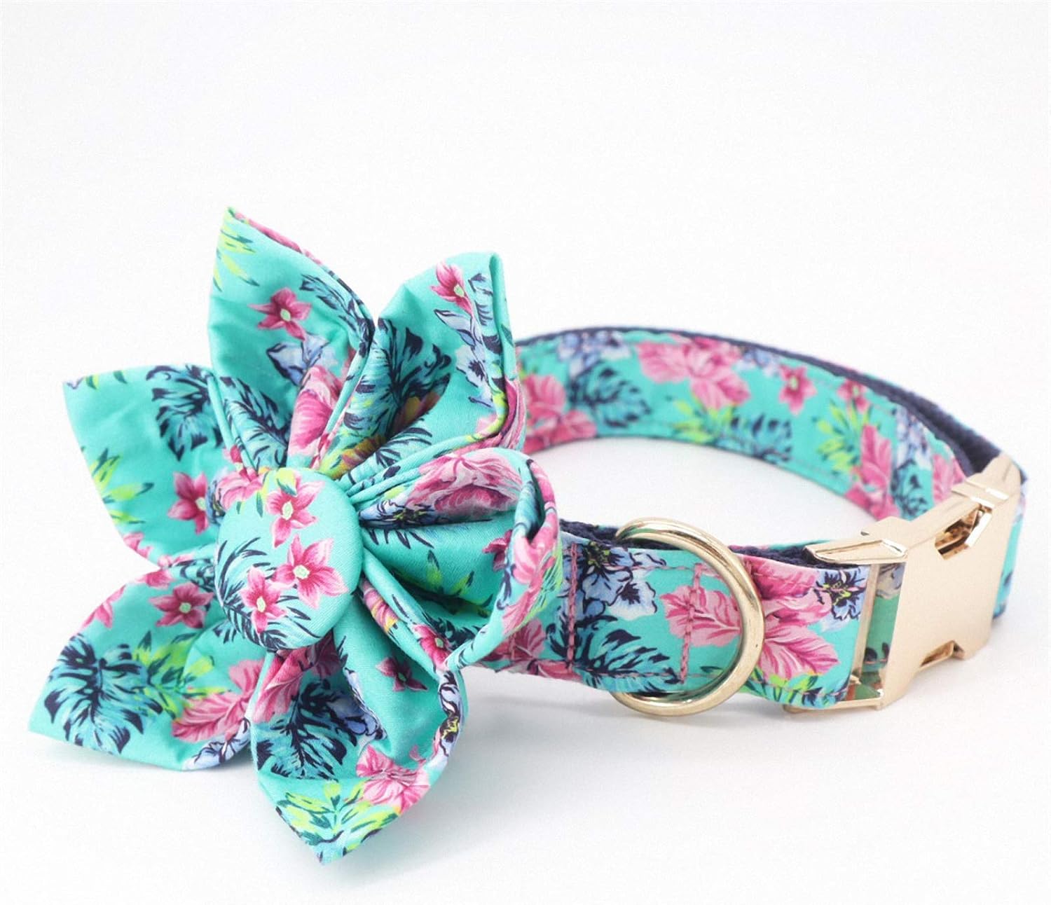 Blue Floral Girl Dog Collar Dog Flower and Leash Set for Pet Dog Cat with Rose Gold Metal Buckle Collar with Flower Xs(15-25cm Length)
