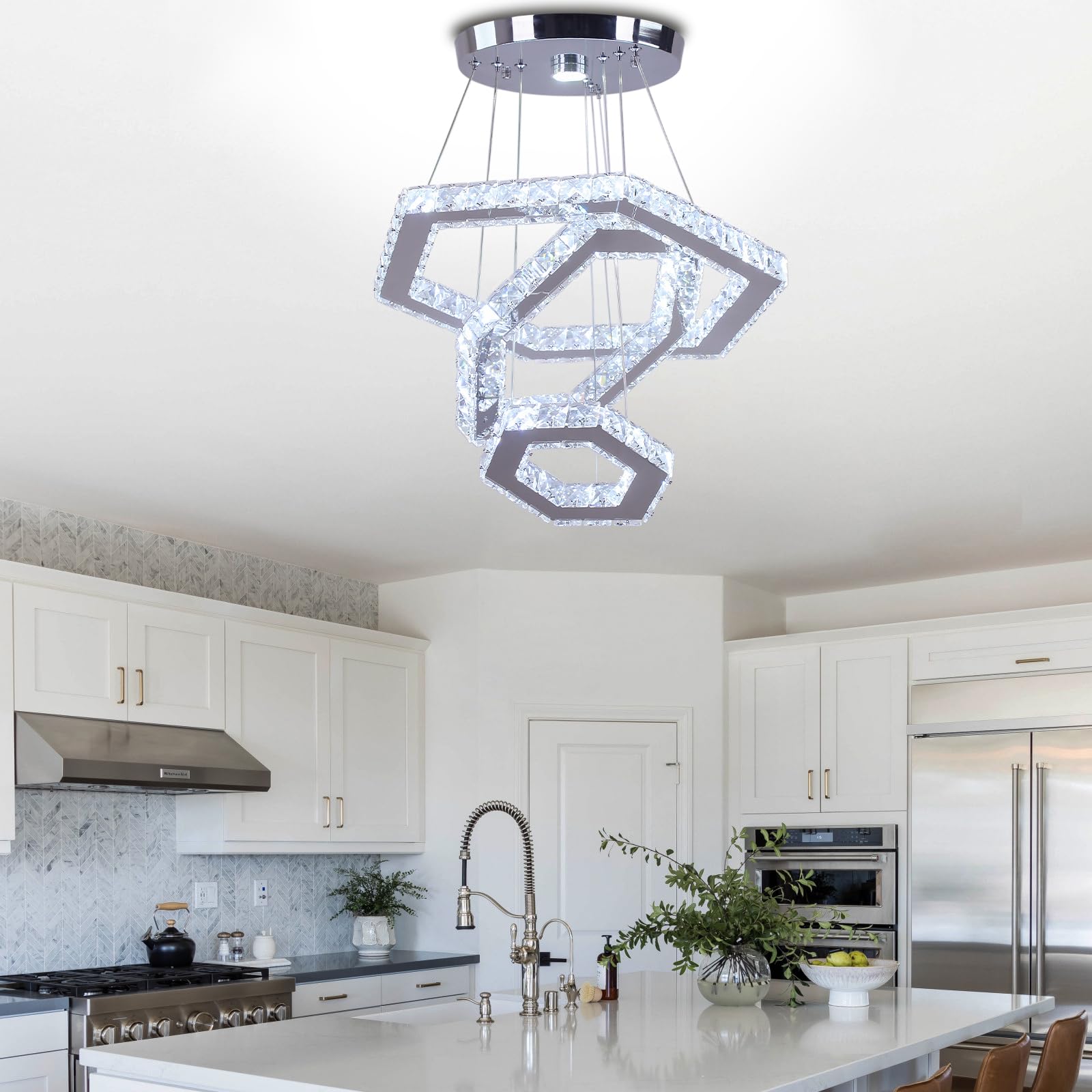 FRIXCHUR Lampada a Sospensione Cristallo 3 Anelli, Lampada LED Moderna a Sospensione, Lampada a Soffitto per Soggiorno, Camera, Sala Pranzo, Cucina, Corridoio (Luce Bianca Fredda)