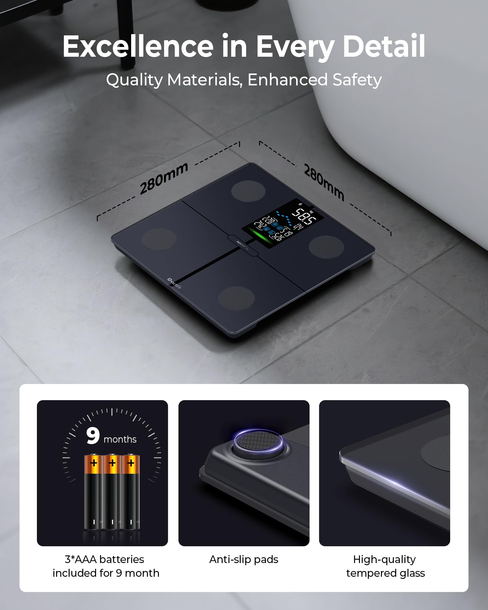 Ovutek Balance Pese Personne avec 5" LED Grand Écran, 180kg/400lb, Noir | Haute Précision Balance Connectée avec APP, Mesure 14 Données Corporelles pour Fitness-Tracking, 180kg/400lb, IMC