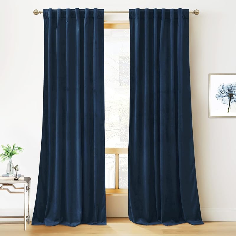 RYB HOME Blue Velvet Blackout Curtains for 84 inches Bedroom Living Room | Thermal Insulated, Privacy UV Block, Noise Reducing, Energy Saving, Luxury Window Decor for Kids, W52 x L84, Navy, 2 Panels