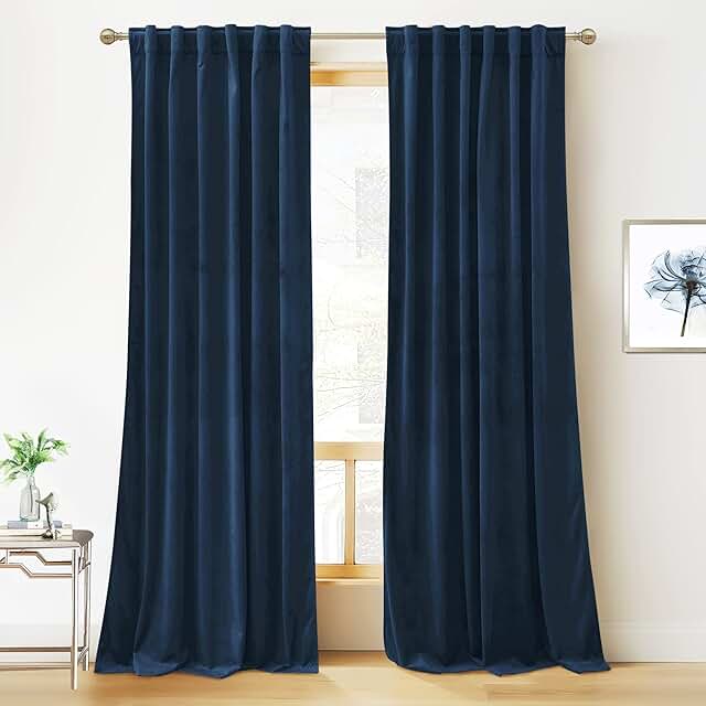 RYB HOME Blue Velvet Curtains 84 inches - Blackout Curtains for Living R...