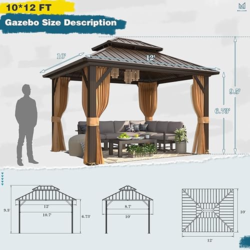 Miniatura 2 de MELLCOM - Kiosco de techo rígido de aluminio con doble techo de metal con cortina y red, pabellón de acero galvanizado permanente para patio, césped