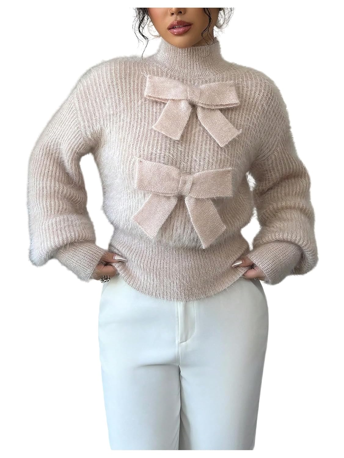 MakeMeChic Womens Winter Elegant Bow Knot Sweater Fuzzy High Neck Long Sleeve Knitted Pullovers