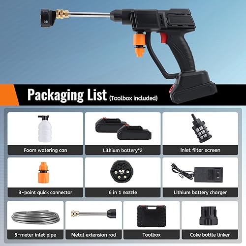 Miniatura 2 de Cordless Pressure Washer,990PSI Portable Power Washer with 6-in-1 Nozzle,16.4FT Hose,Handheld Pressure Water Spray Gun,Battery Powered Car Cleaner