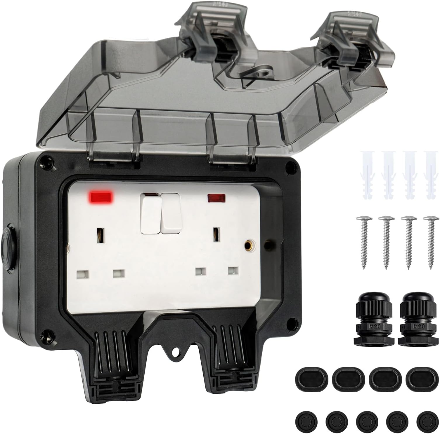 IP66 Outdoor Waterproof Socket 13A Single Unit with Switch Socket with Rain Cover Wall Power Box Suitable for Garden/Garage/Outdoor