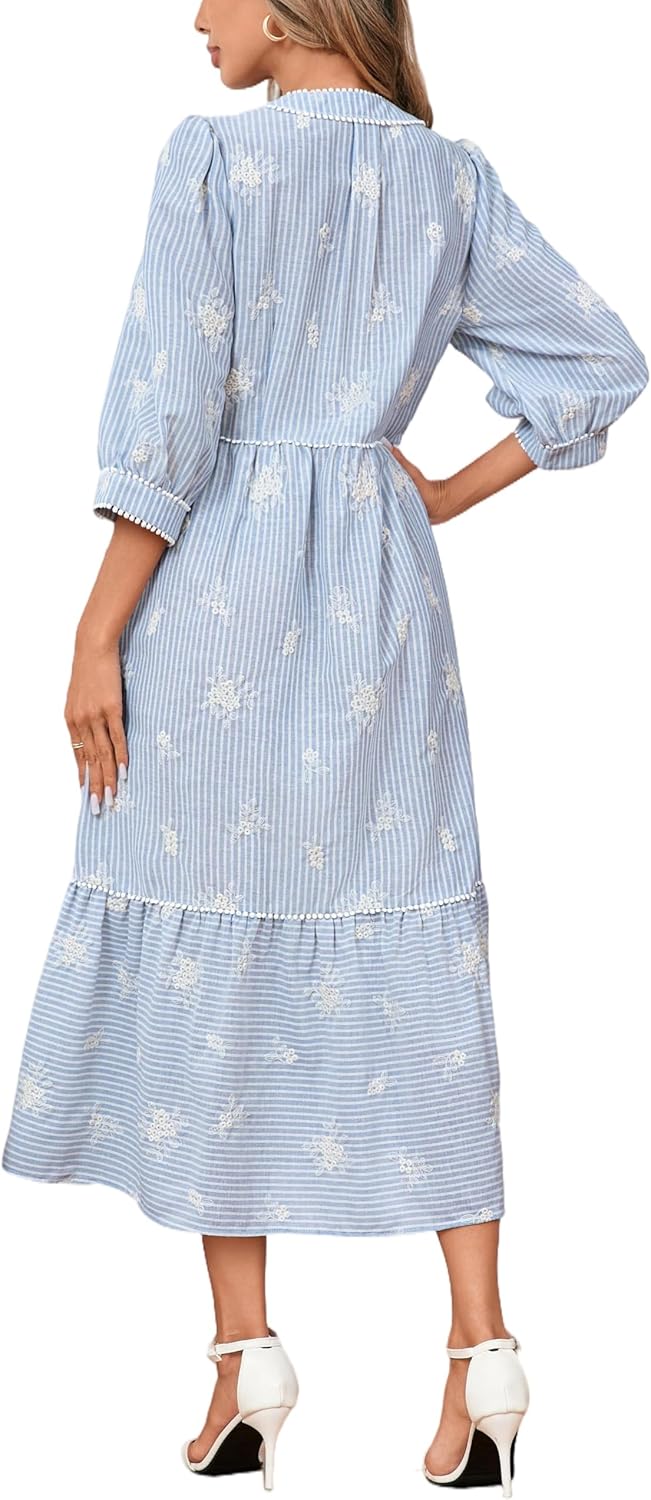 Boho Maxi Dress V Neck Beach Vacation A Line Tiered Long Dress Floral Embroidered Striped Sundress with Pockets - Image 2