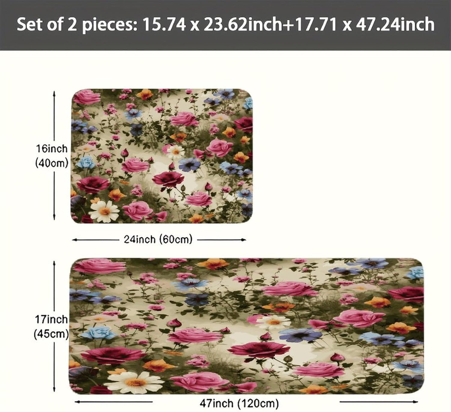 Garden Blooming Wildflowers Kitchen Mats with 2PCS Non-Slip Washable,Kitchen Rug Heavy Duty Durable, Floor Mats for Kitchen,Office,Sink,Laundry