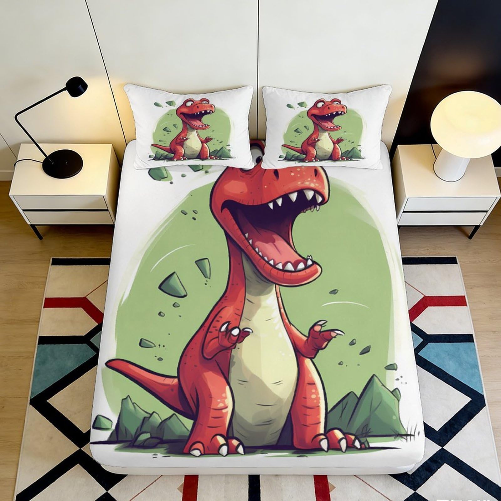 3D Printed Red Dinosaur Fitted Sheet Microfiber Soft Green Cartoon T-Rex Mattress Cover for Bedroom Guest Room Decor 90x200x25cm