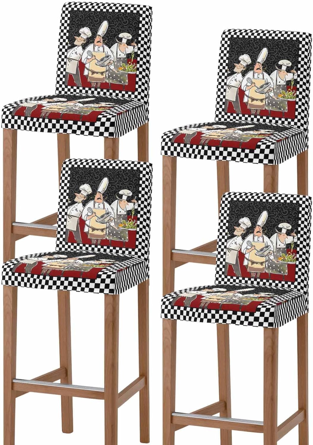 Chef Bar Stool Covers Set of 4, Stretch High Chair Covers, Cartoon Cute Watercolor Cooking Black Plaid Washable Barstool Seat Cover Protectors Slipcovers for Kitchen Dining Room Cafe