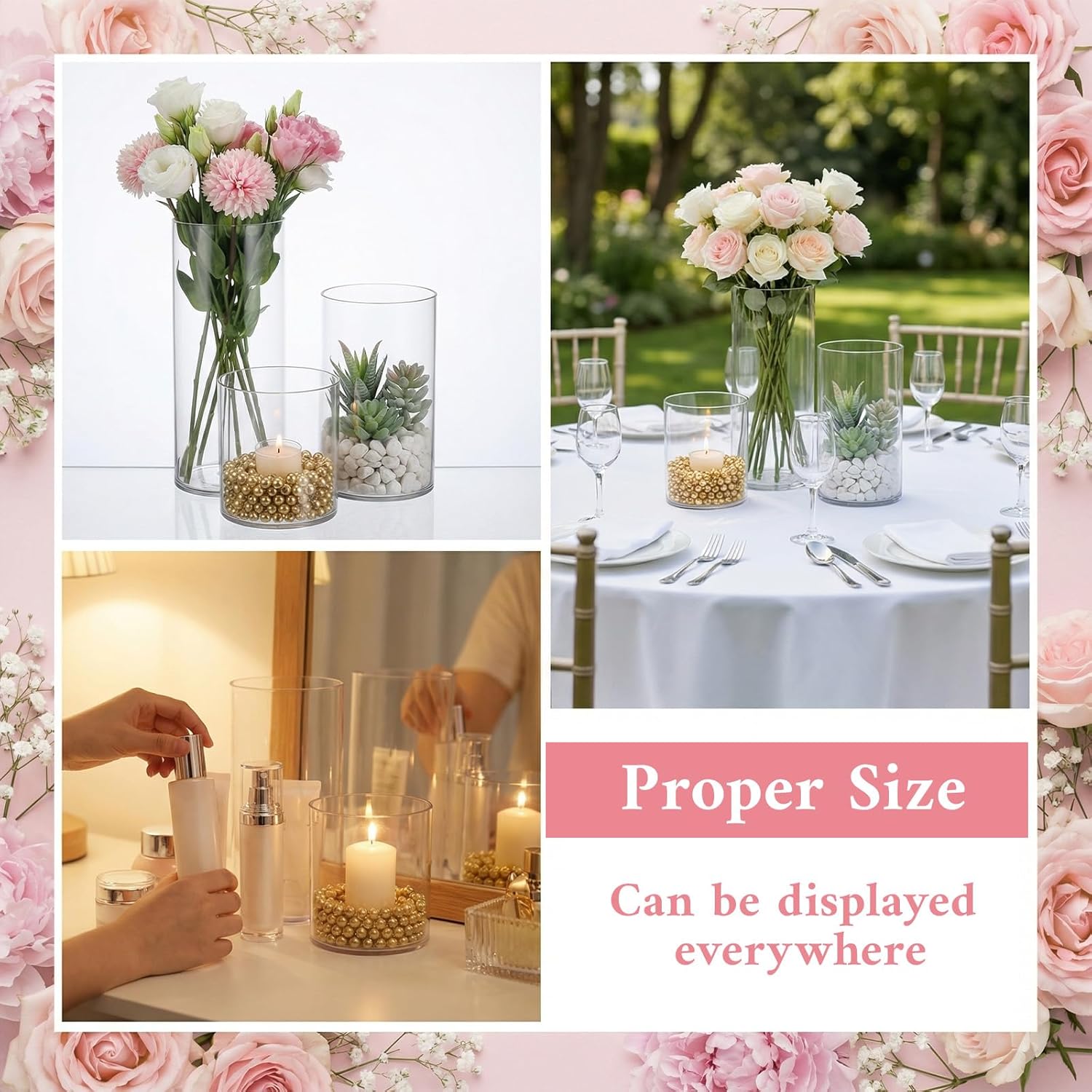 12 Pcs Plastic Cylinder Vases, 4" / 6'' / 8'' Tall Clear Flower Vase Set for for Wedding Decorations, Hurricane Floating Candle, Holder for Table Centerpiece Wedding Home Decorations