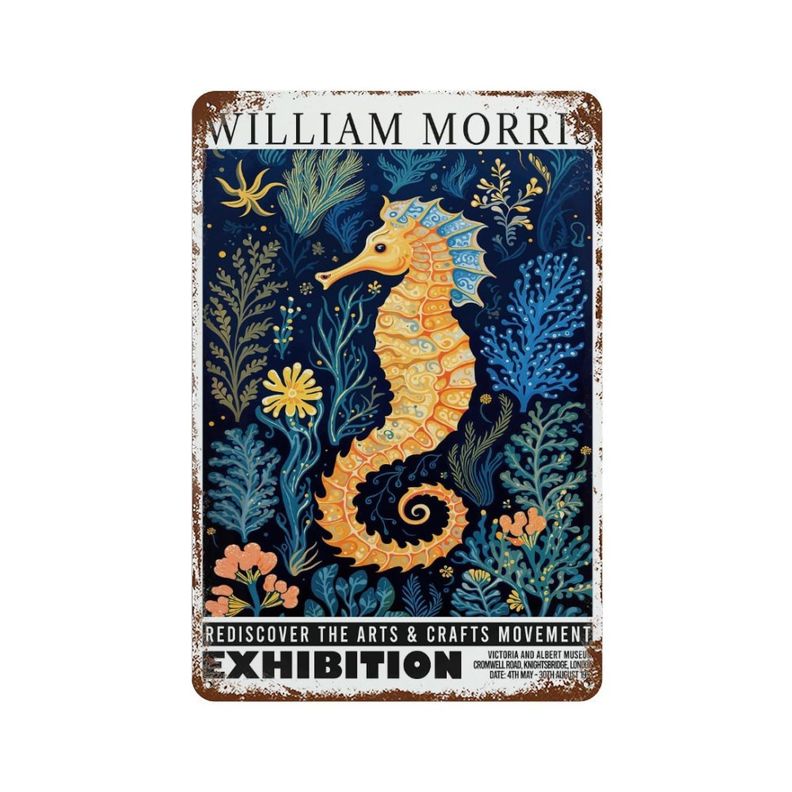 William Morris Seahorse Floral Exhibition Decorative Tin Sign 11.8"x7.9", Vintage Wall Decor for Basement, Hobby Room And Garage Decor