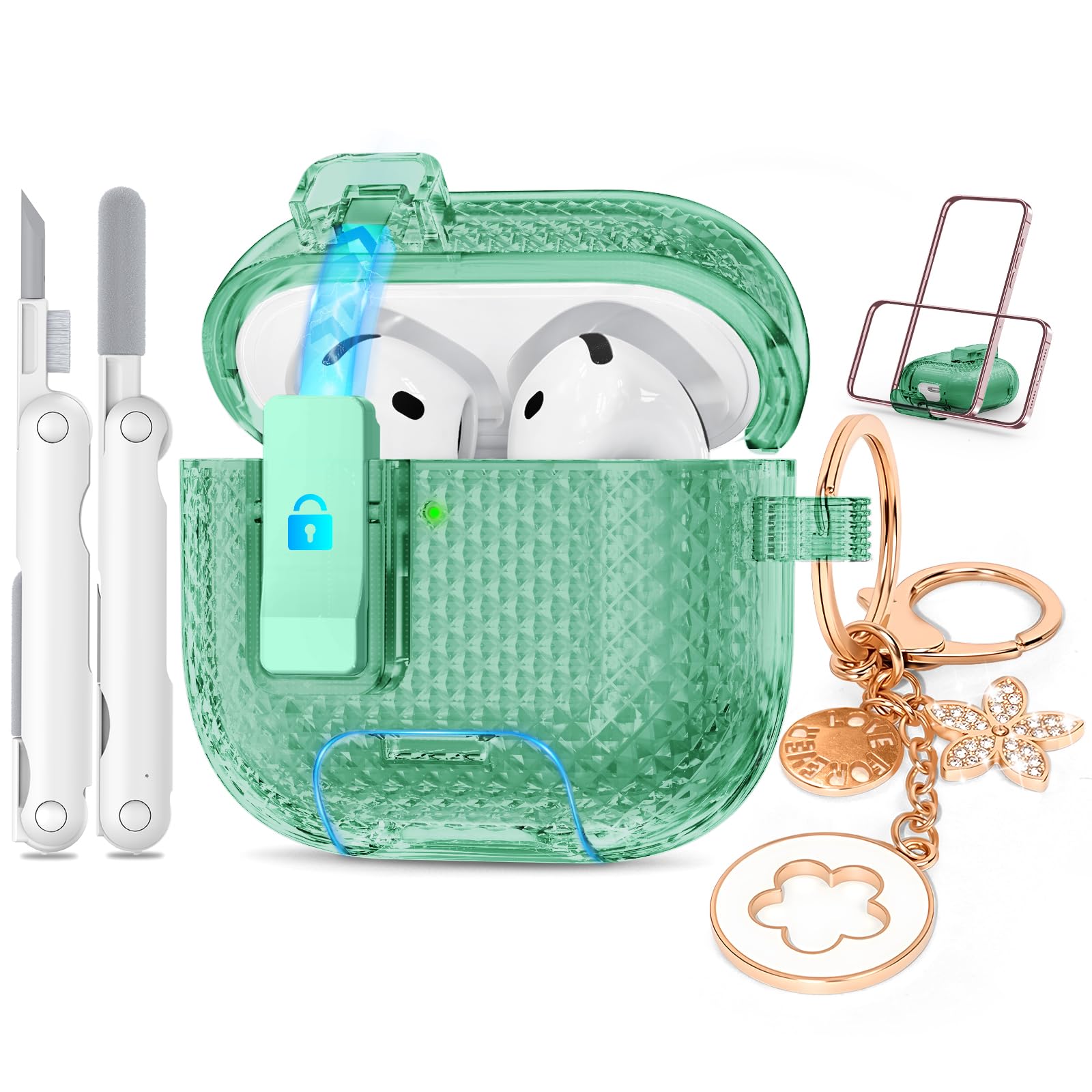 for Airpods 4 Case Green with Lock&Bling Keychain for Women&Girly,Cute Soft TPU Clear Case Cove for Apple Airpods 4th Generation (2024) with Cleaning