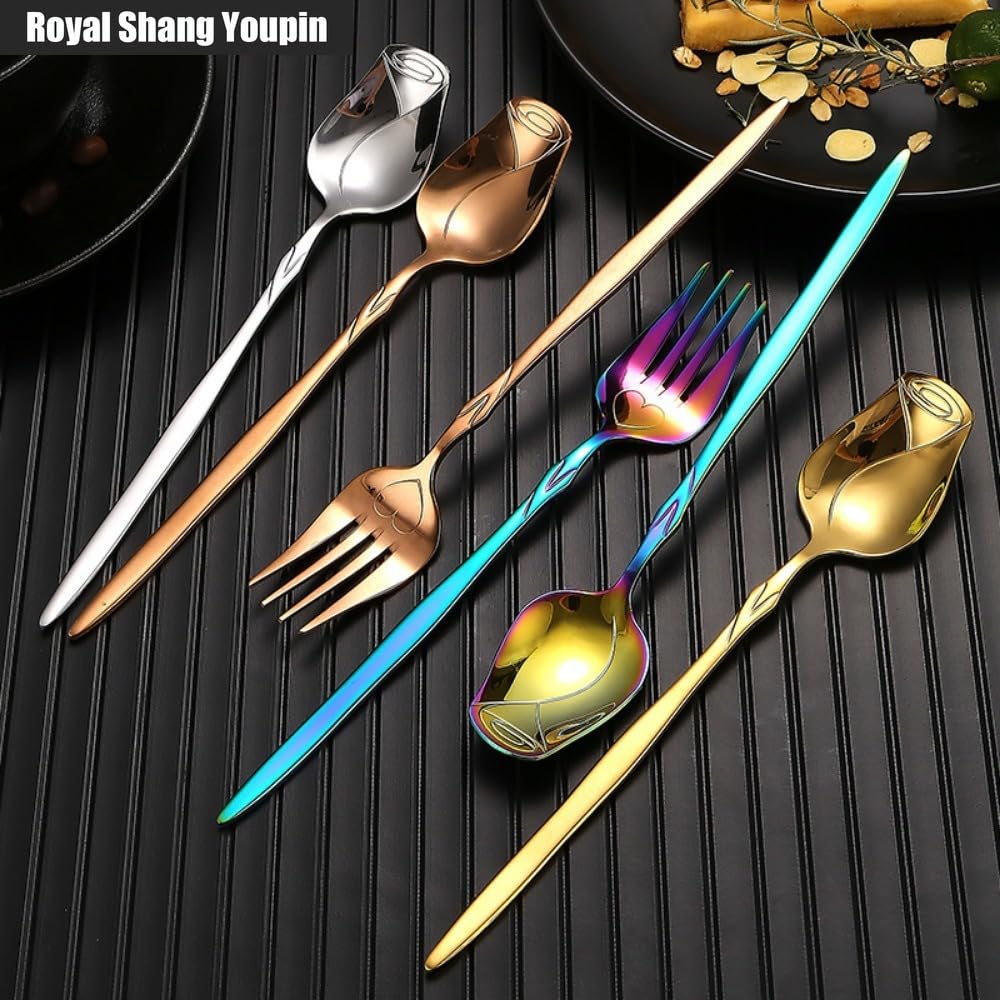 Juego de 8 cucharas y tenedores de acero inoxidable rosa, cuchara, café, postre, cuchara agitadora, cuchara de mango largo