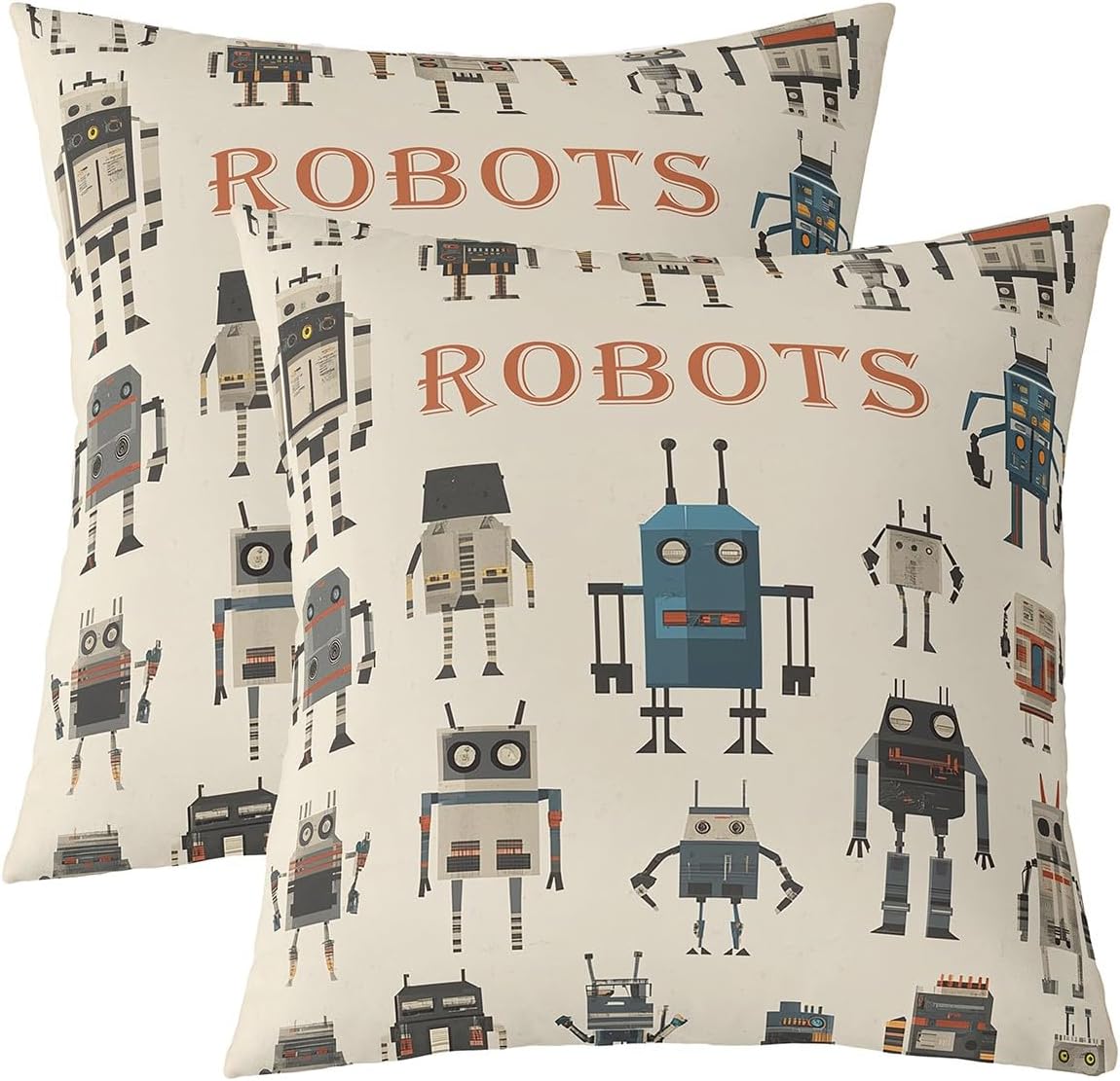 Retro Robots Throw Pillow Covers 22"x22" for Kids Watercolor Funny Machine Cushion Covers Cartoon Super Robot Cushion Case Geometric Rectangle Bedroom Decor,Set of 2