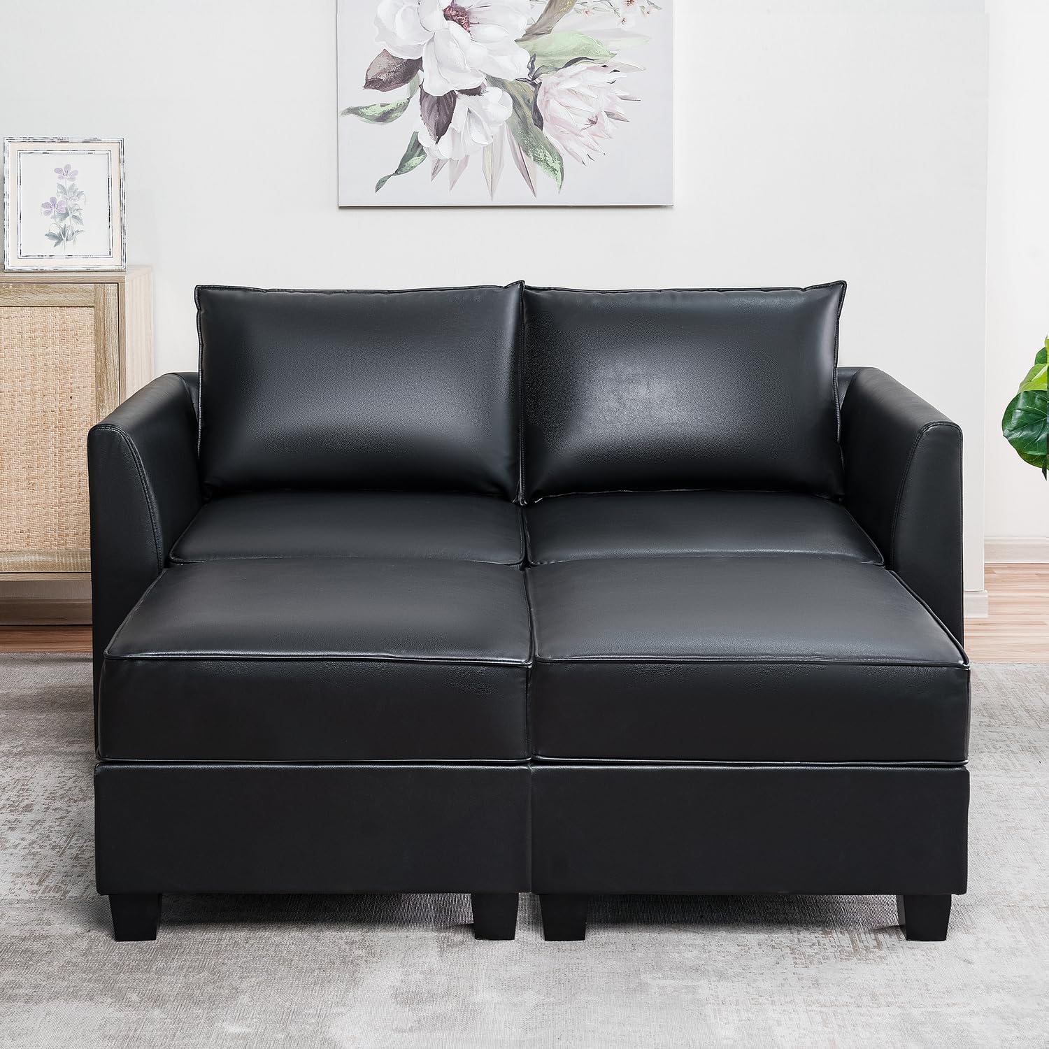 Naomi Home Elizabeth Modern DIY Collection Black/Air Leather/Loveseat with Double Ottoman