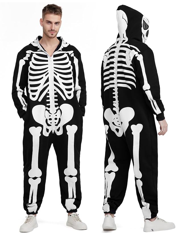 Halloween Skeleton Costume Jumpsuit for Men Adult Cozy Hoodie Skeleton Onesie Pajama Outfit Front and Back Print
