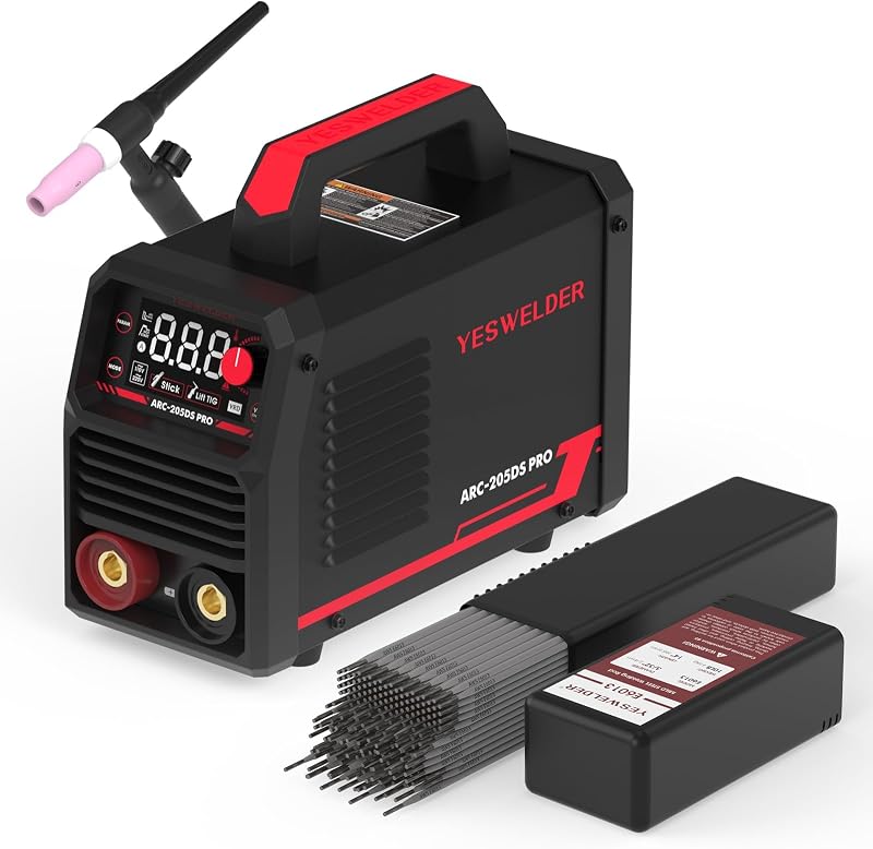 YESWELDER Soldador de varilla de 205 amperios con antorcha TIG de elevación, [pantalla LED grande] Máquina de soldadura portátil de doble voltaje de 110 V/220 V y electrodos de varilla de acero al carbono E6013 de 3/32 pulgadas y 10 libras