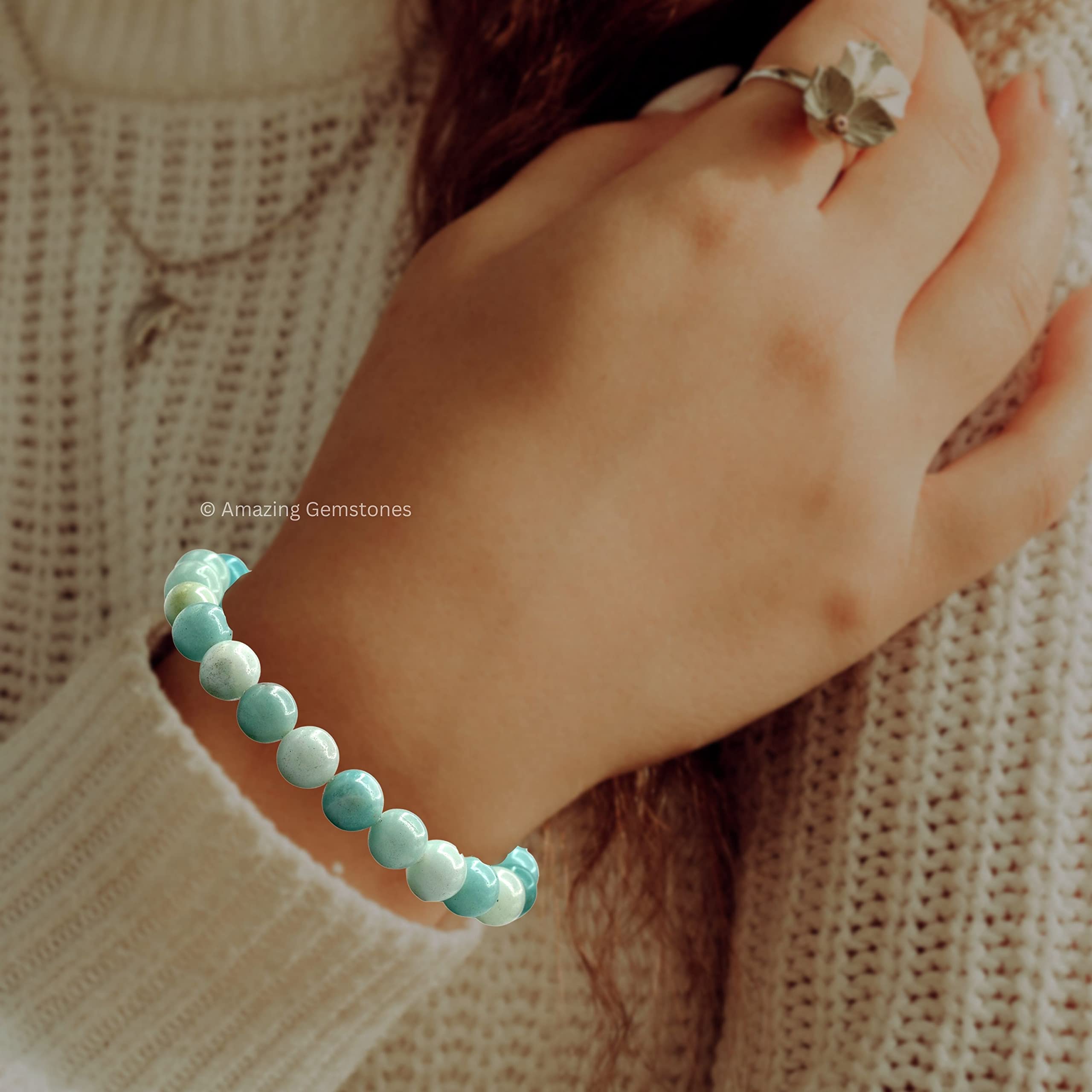 Bracelet en Amazonite – Bracelet en cristal de guérison pour femmes et hommes, pierre précieuse naturelle – Cadeau idéal pour l'équilibre et la guérison des chakras (réglable)