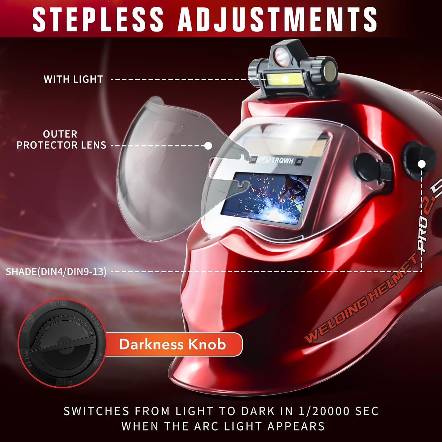 TRQWH Auto Darkening Welding Helmet with Light Solar Powered True Color Welding Hood 2 Arc Sensor Wide Shade 9-13 Welding Mask with Extra Grinding Mode Weld Helmet (Red)