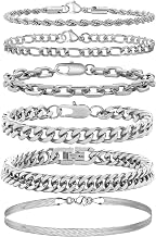 6Pcs Pulsera Hombre de Plata, Hombres Pulsera de Cadena de Eslabones, Brazalete Cubana Cadena, Bracelet, Joyería Regalos para Papá Esposo Hijo Chico Novio, Regalo para Día del Padre, 22cm