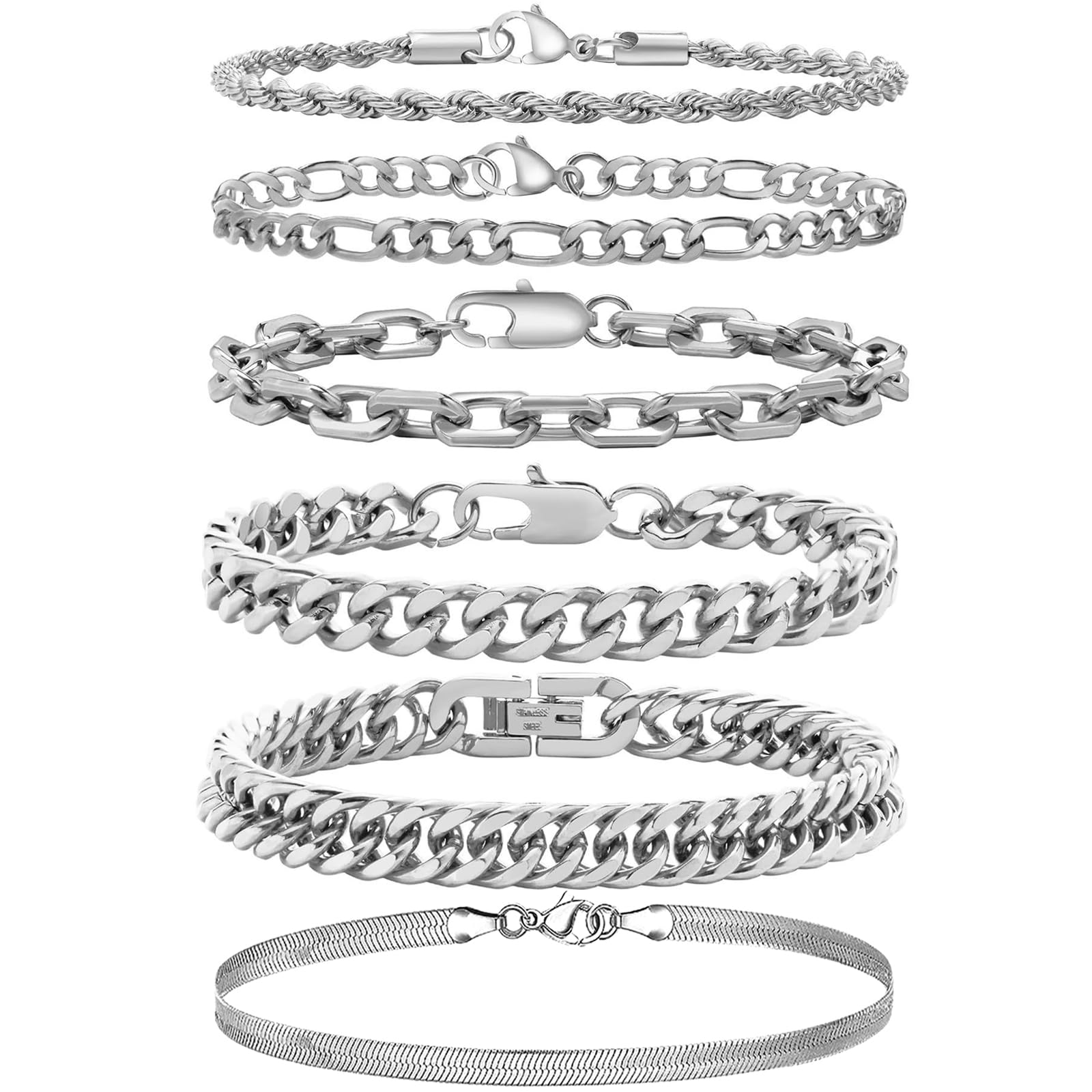 6Pcs Pulsera Hombre de Plata, Hombres Pulsera de Cadena de Eslabones, Brazalete Cubana Cadena, Bracelet, Joyería Regalos para Papá Esposo Hijo Chico Novio, Regalo para Día del Padre, 22cm
