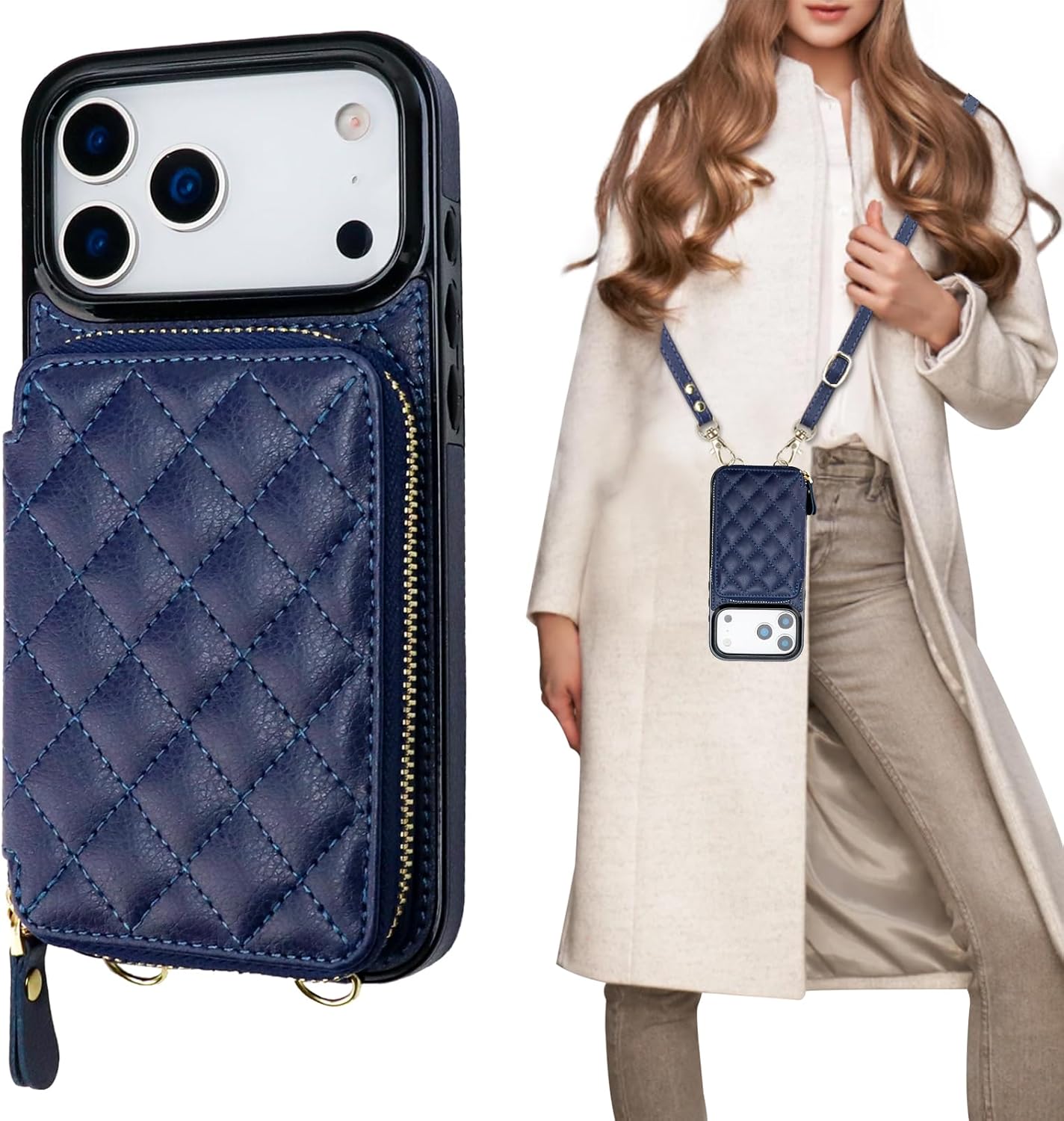 Bocasal Crossbody Wallet Case for iPhone 17 Pro Max, RFID Blocking PU Leather Zipper Handbag Purse Flip Cover, Kickstand Folio Case with Card Slots Holder Wrist Strap Lanyard 5G 6.9 Inch (Dark Blue)